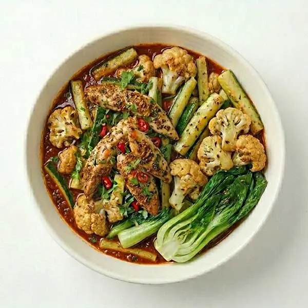 Singaporean Laksa Spiced Chicken with Basil Cauliflower Pok Choy